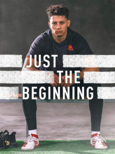 1UP Sports Marketing client Patrick Mahomes posing for an adidas "Just the Beginning" print ad