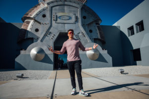 1UP Sports Marketing client Patrick Mahomes standing in front of the Oakley headquarters